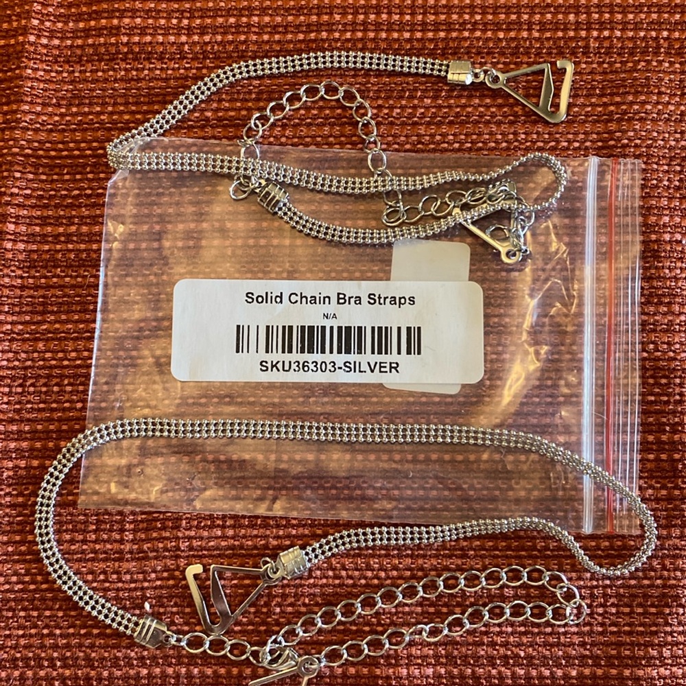 Silver chain bra straps. Looks great under spaghetti strap tops and dresses.